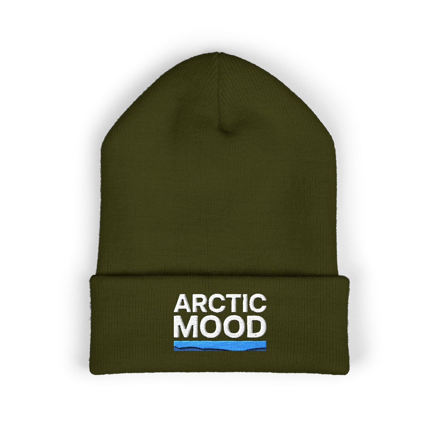 Green beanie with 'Arctic Mood' text on a white background