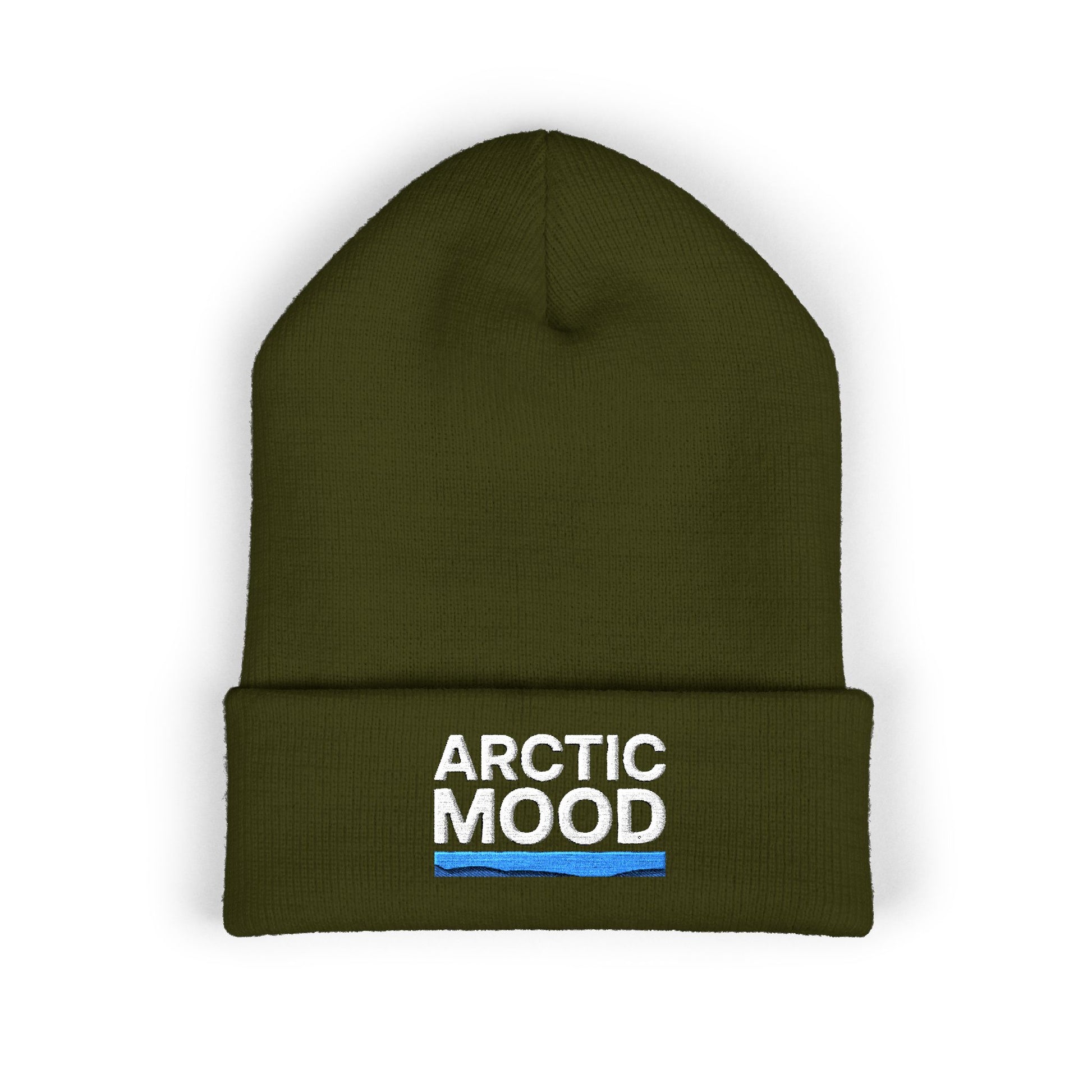 Green beanie with 'Arctic Mood' text on a white background