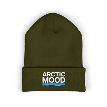 Green beanie with 'Arctic Mood' text on a white background