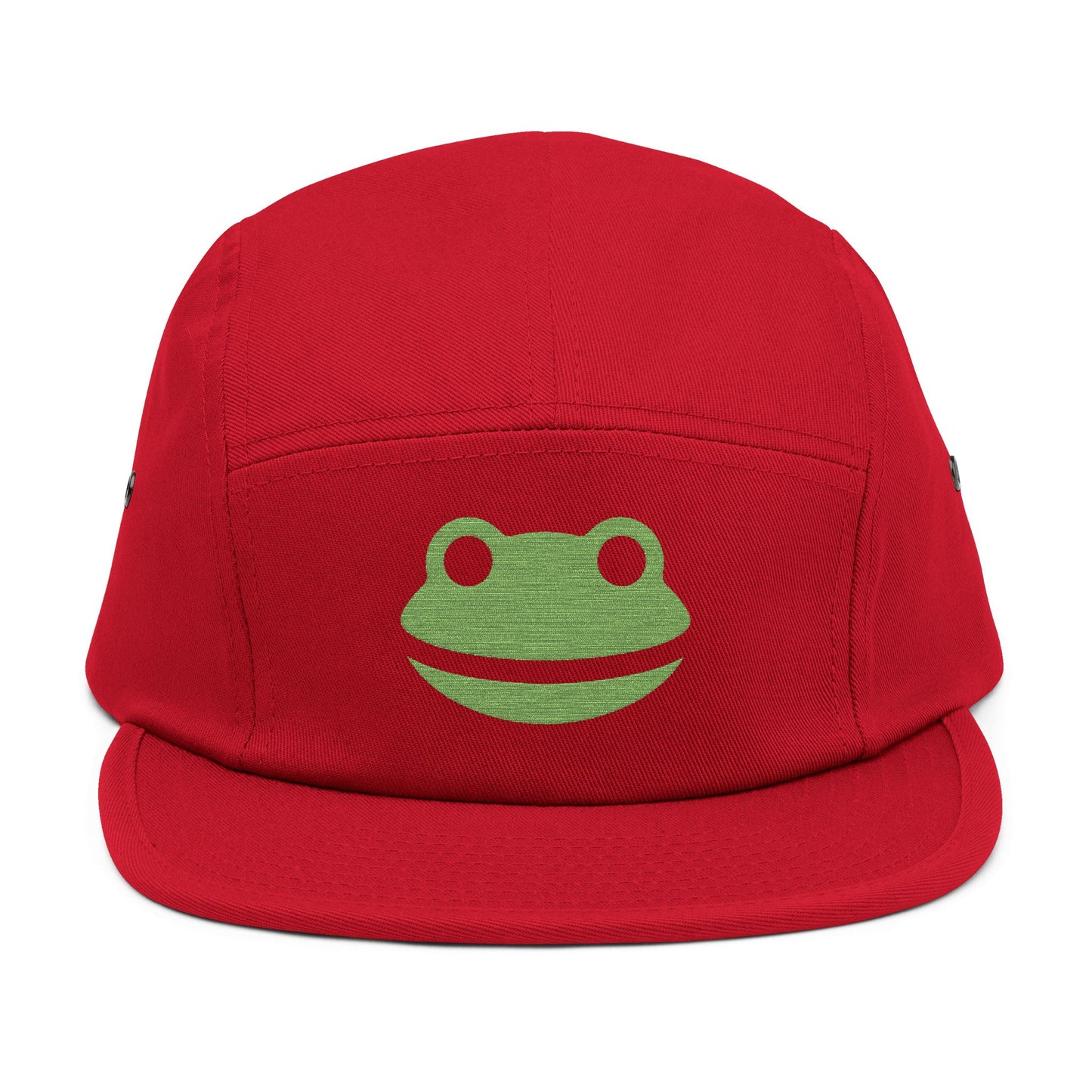 Red cap with a green frog logo on a white background. Minimalist frog face embroidery design with wide smile and round eyes. TEEZOCA
