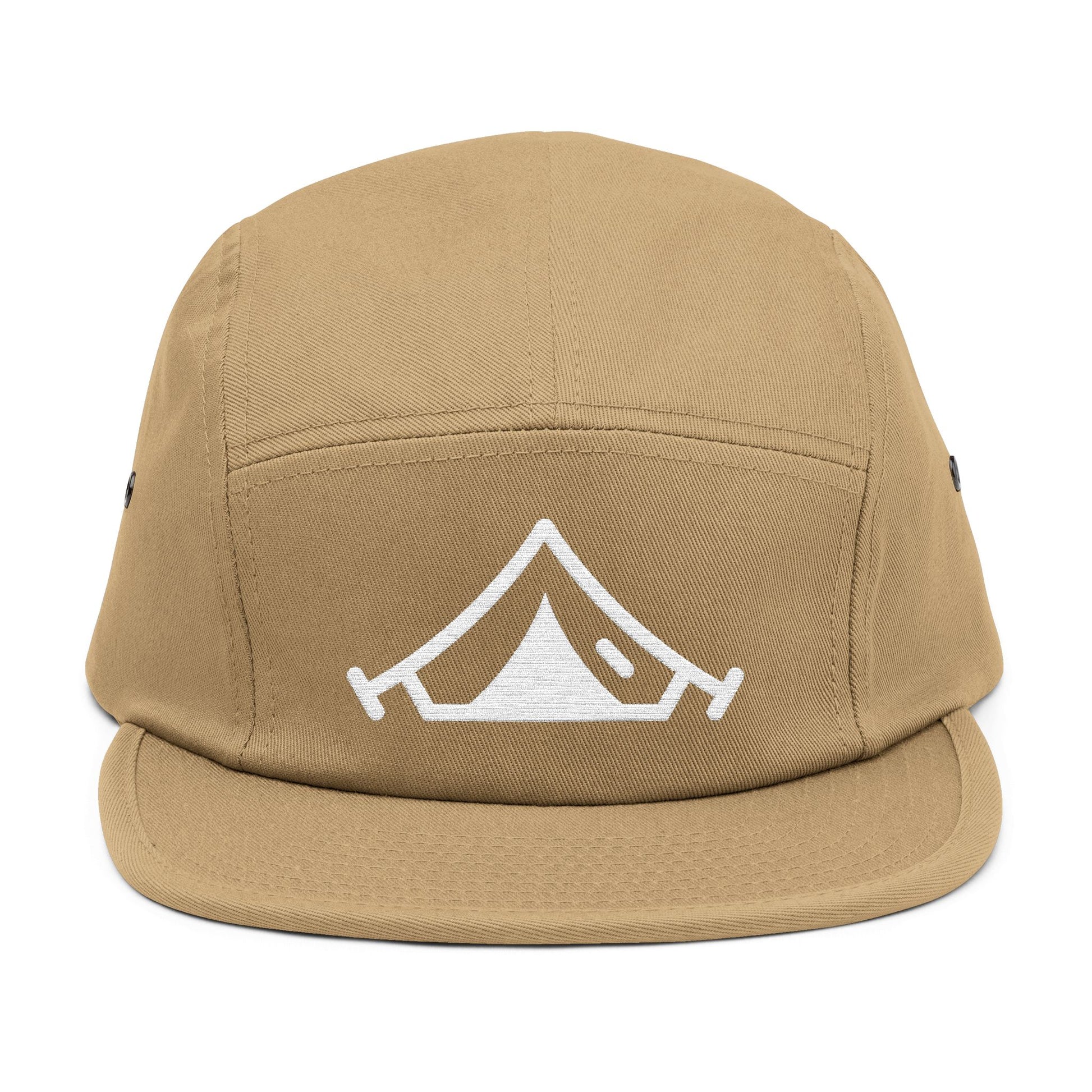 Tan cap with a white tent logo on a white background. Minimal embroidered camping tent icon in bold line style. TEEZOCA