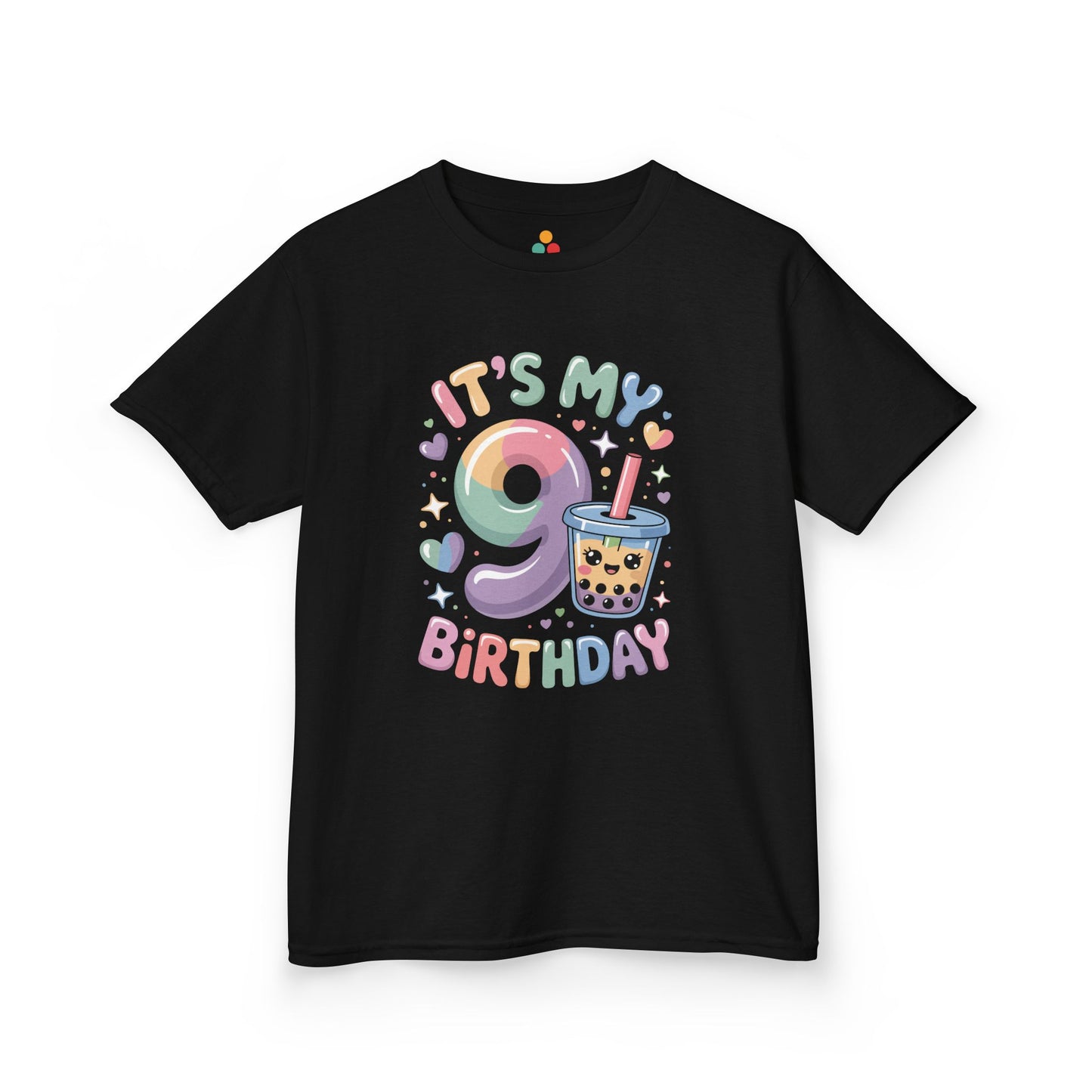 "Black 'It's My 9th Birthday' t-shirt with pastel gradient number 9 and smiling boba tea cup, kids birthday design, flat front view."

