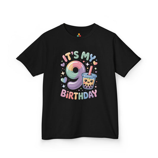 "Black 'It's My 9th Birthday' t-shirt with pastel gradient number 9 and smiling boba tea cup, kids birthday design, flat front view."

