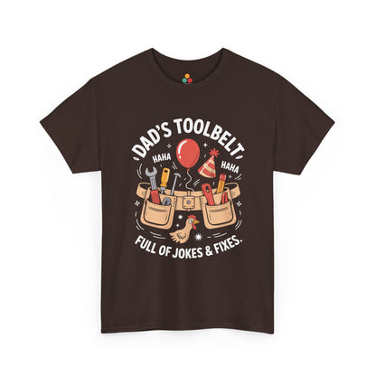 TEEZOCA brown “Dad’s Toolbelt Full Of Jokes & Fixes” handyman dad T‑shirt shown flat.