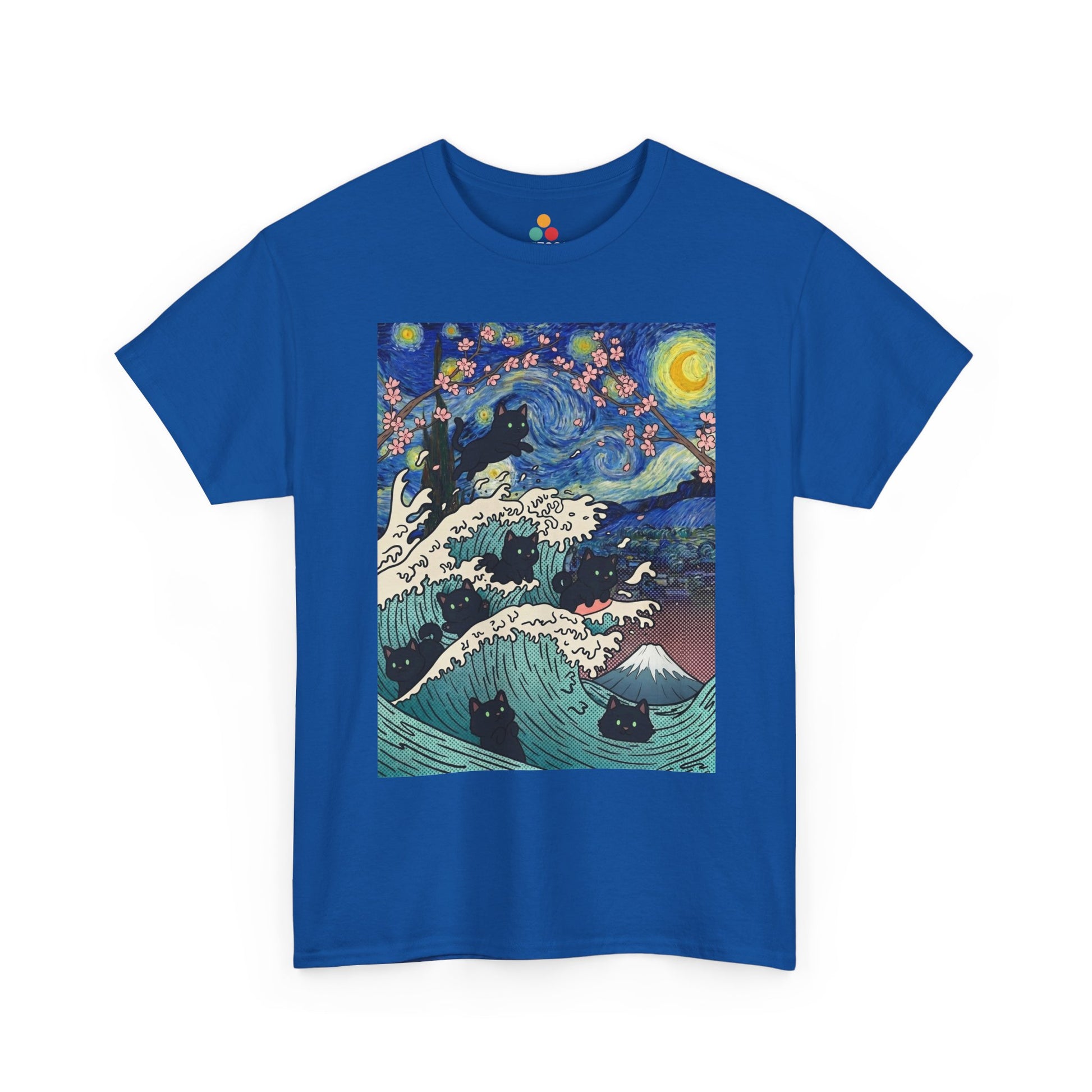 Van Gogh Starry Night Black Cat Wave T-Shirt – Aesthetic Impressionism Inspired Fine Art Tee | TEEZOCA 