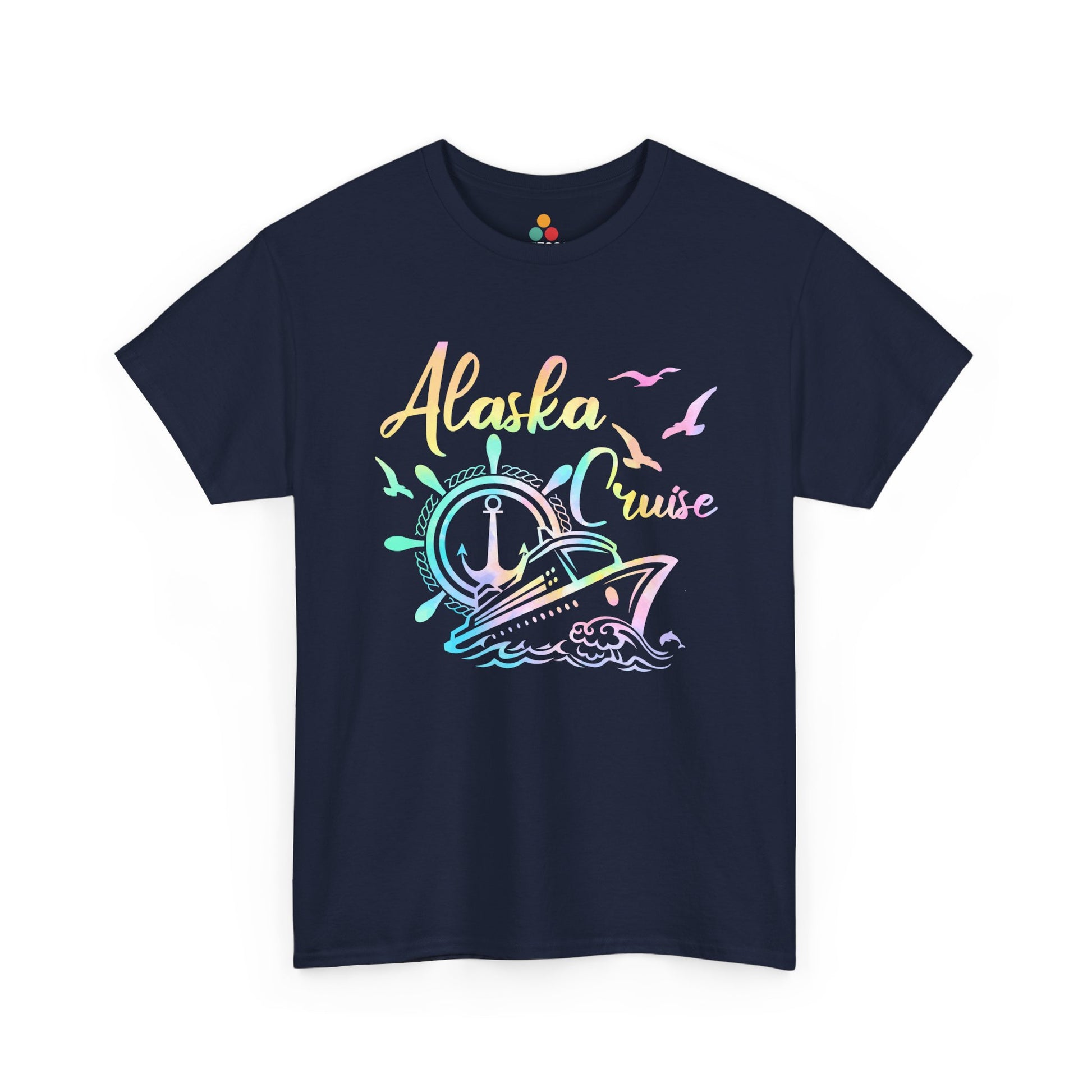 “Teezoca navy blue Alaska Cruise shirt, rainbow cruise ship and anchor helm graphic, front.”

