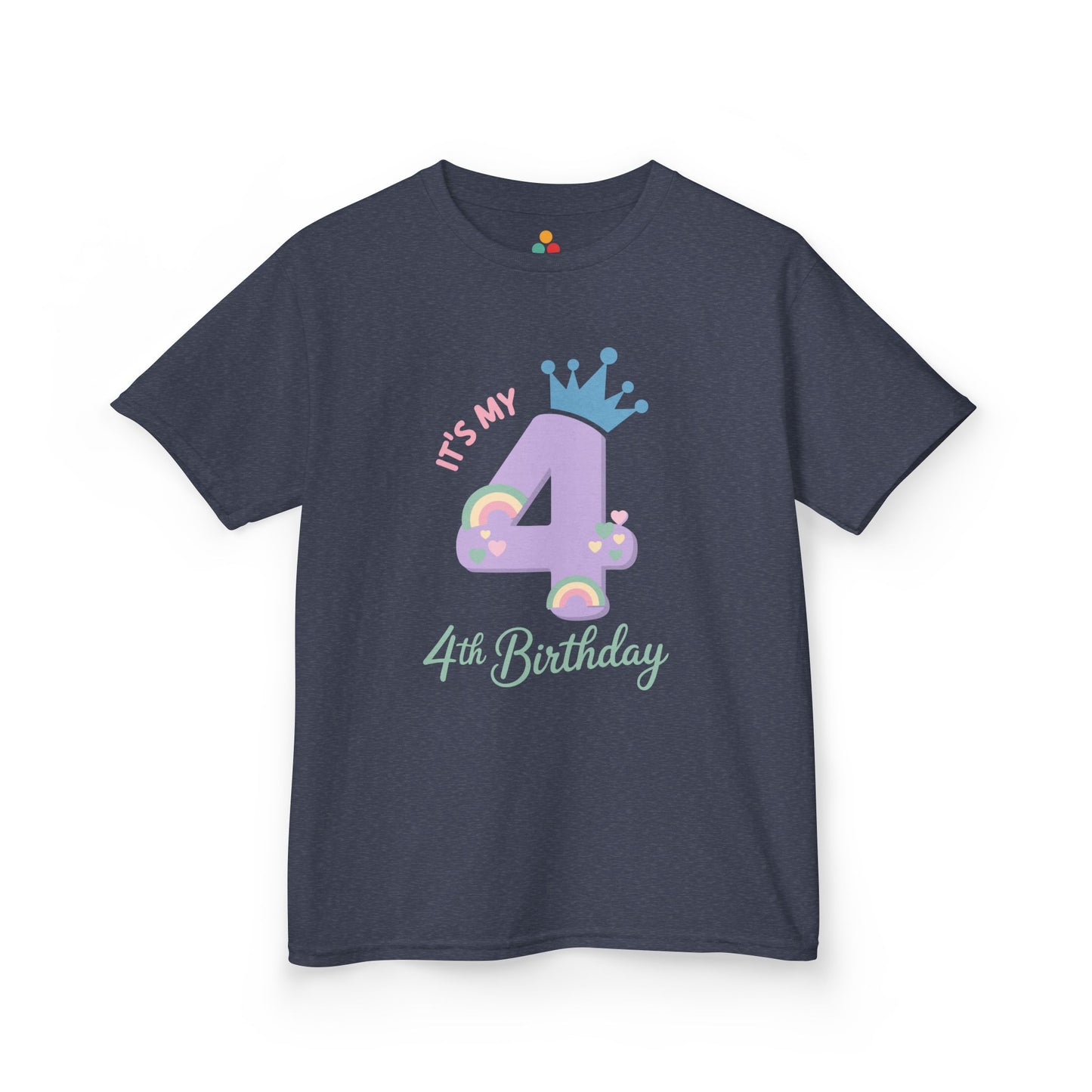  Sport grey kids’ t‑shirt with lavender 4, teal crown, pastel rainbows and hearts, and “It’s My 4th Birthday” text, flat front view.
