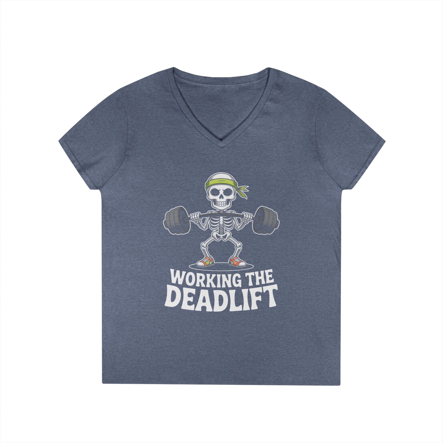 Working The Deadlift Skeleton Gym Humor V-Neck T-Shirt for Women | TEEZOCA 