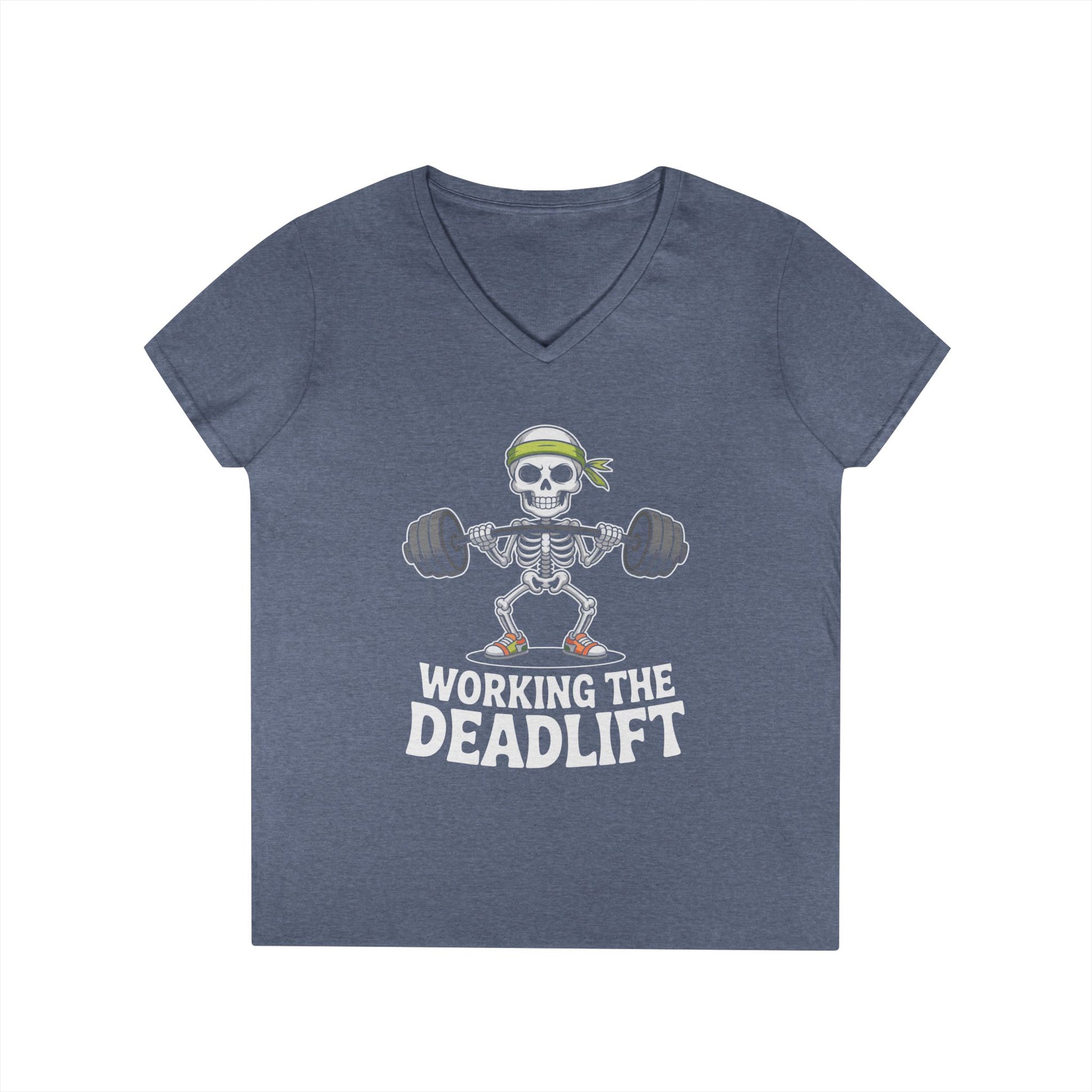 Working The Deadlift Skeleton Gym Humor V-Neck T-Shirt for Women | TEEZOCA 