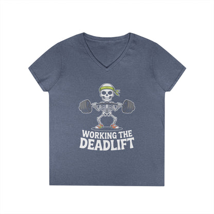 Working The Deadlift Skeleton Gym Humor V-Neck T-Shirt for Women | TEEZOCA 