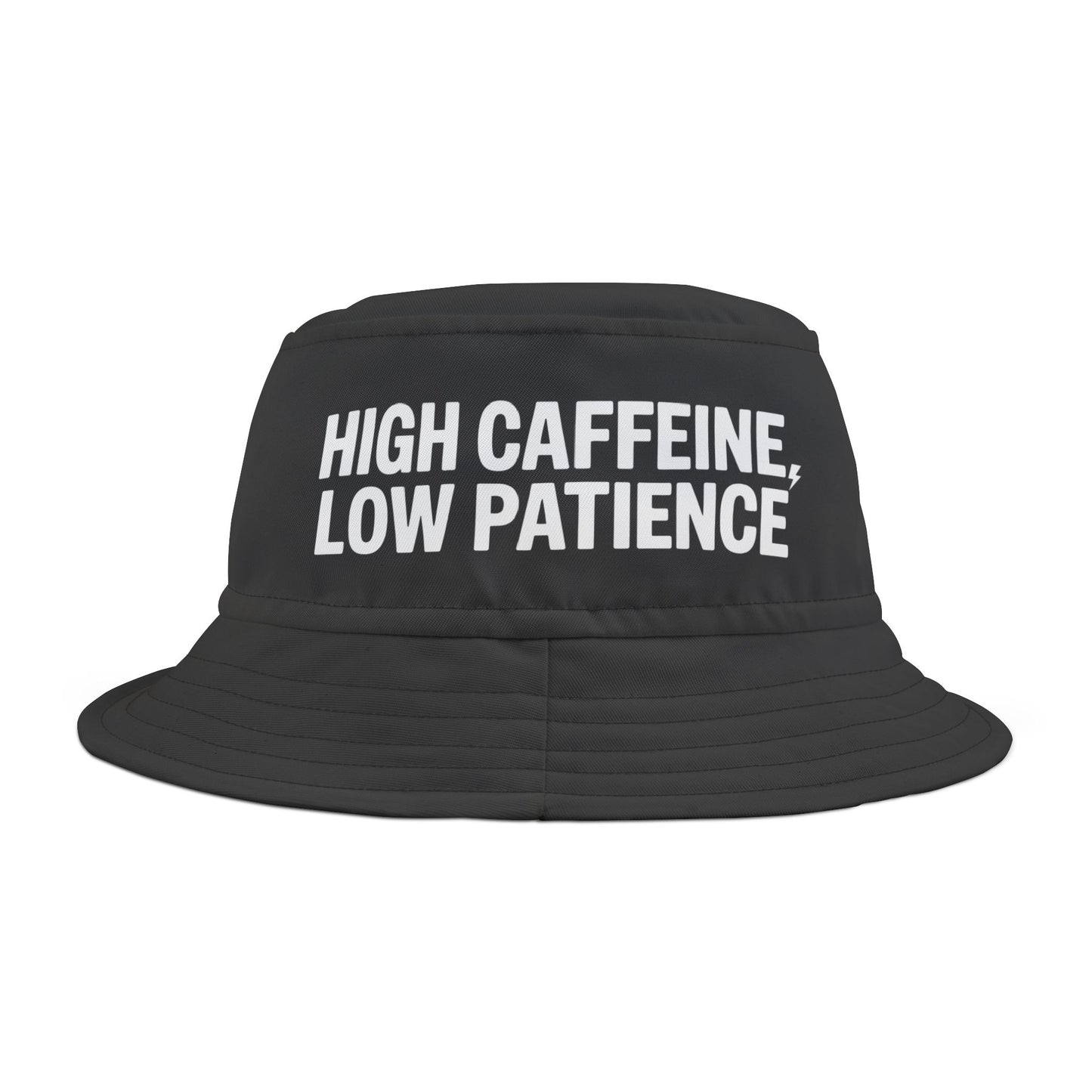 Black bucket hat with Funny 'HIGH CAFFEINE, LOW PATIENCE' text on a white background. TEEZOCA