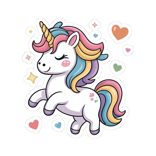 TEEZOCA cute rainbow unicorn sticker featuring kawaii pastel unicorn with magical hearts