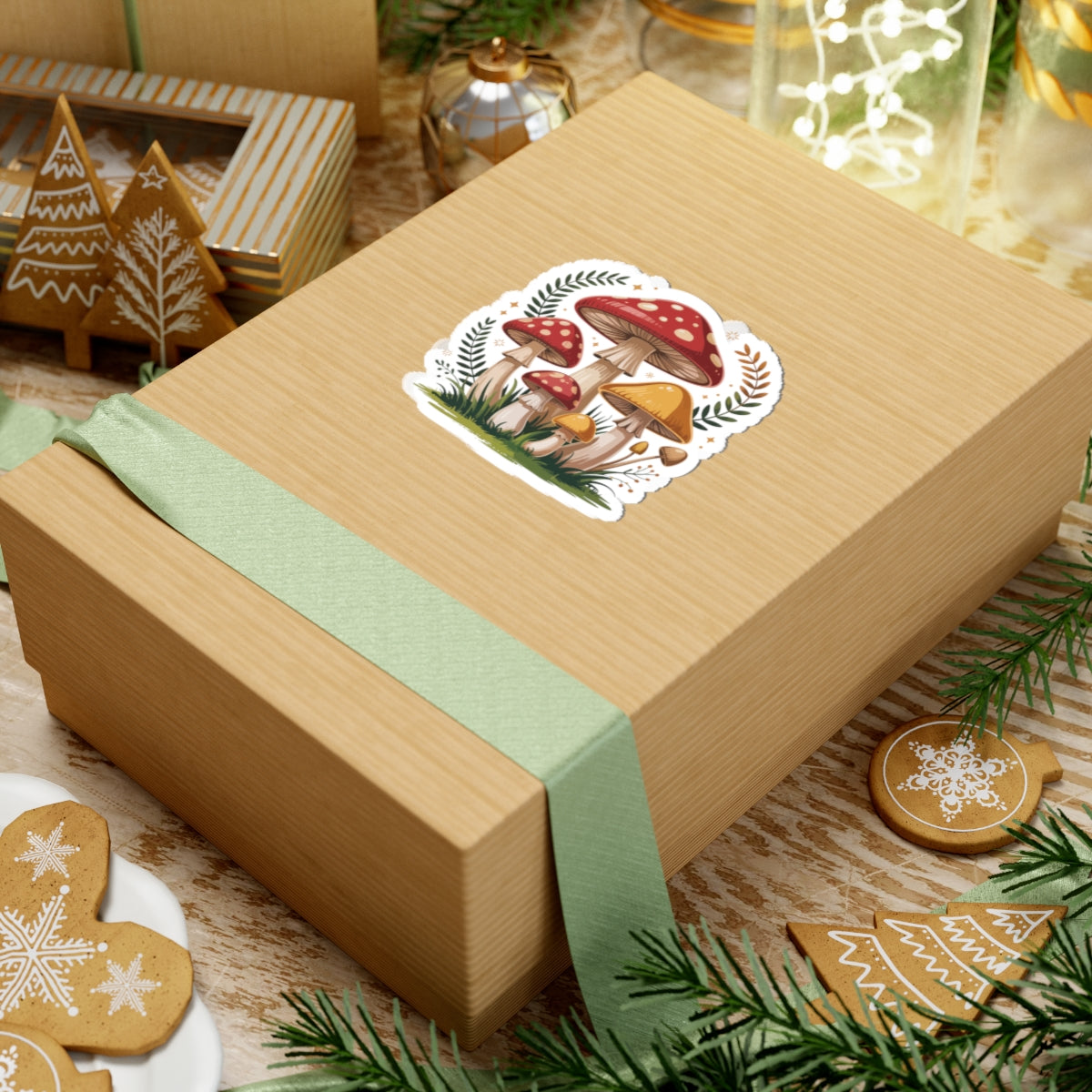 Wooden gift box with a mushroom sticker on a festive background with cookies and lights. TEEZOCA