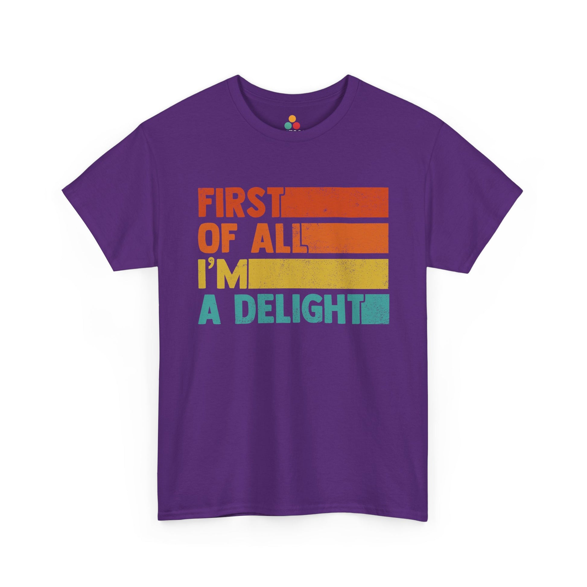 “purple versions of retro ‘First Of All I’m A Delight’ t‑shirt, flat front views.”

