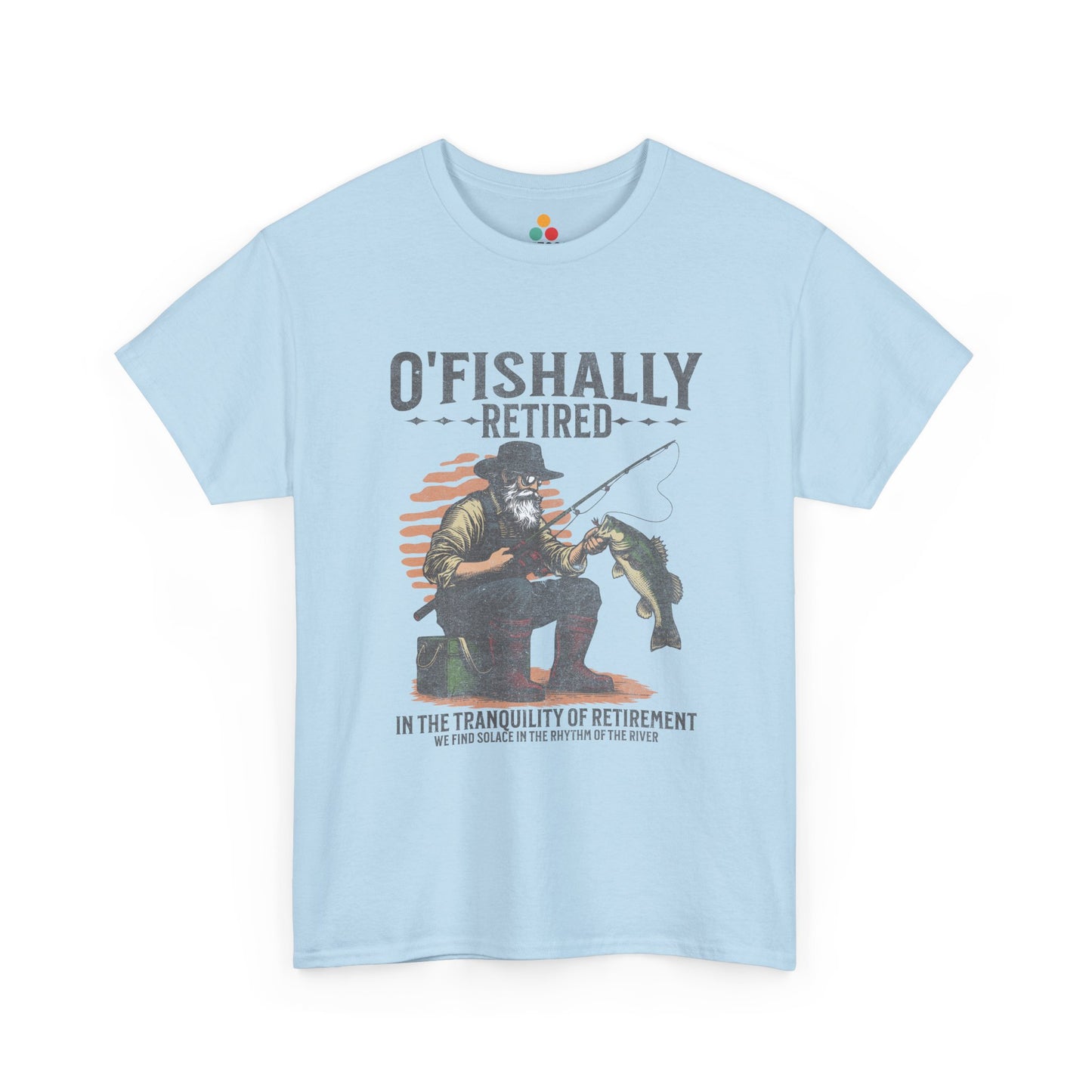  “Teezoca Light Blue  O’Fishally Retired shirt, vintage fisherman illustration and bass catch, funny retirement fishing tee, front”

