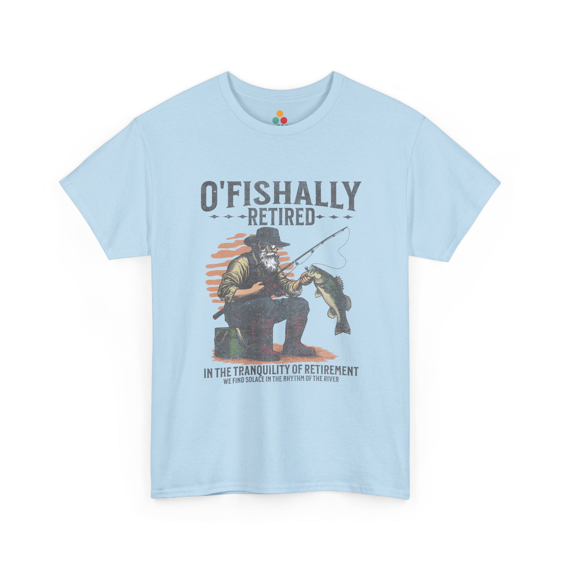  “Teezoca Light Blue  O’Fishally Retired shirt, vintage fisherman illustration and bass catch, funny retirement fishing tee, front”


