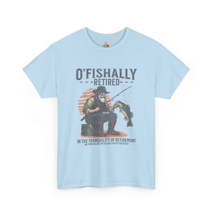  “Teezoca Light Blue  O’Fishally Retired shirt, vintage fisherman illustration and bass catch, funny retirement fishing tee, front”

