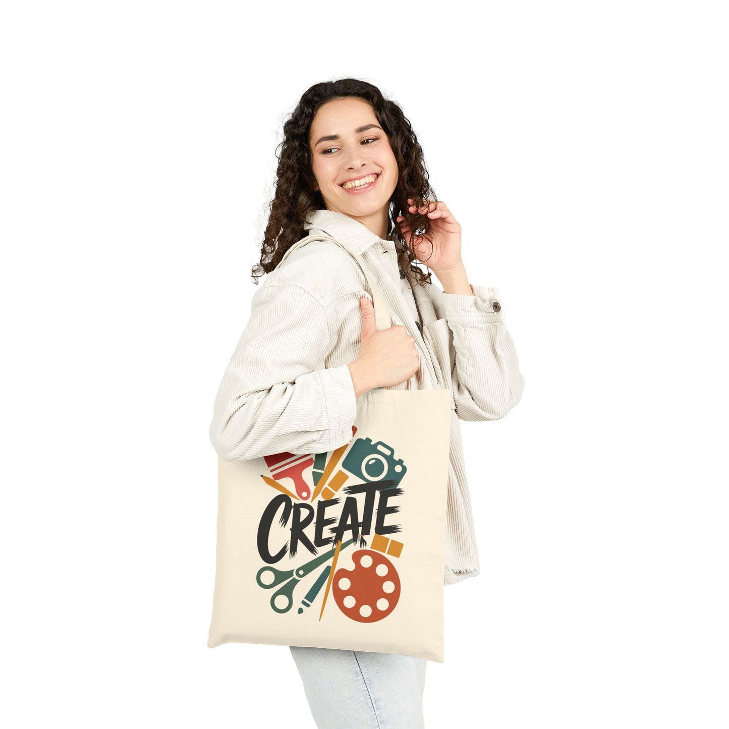 Art-themed Create graphic featuring brushes and craft tools on a TEEZOCA tote bag