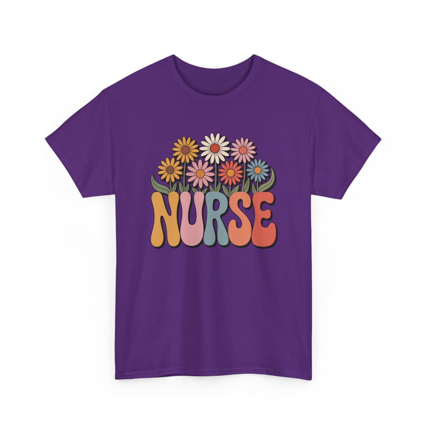 “Teezoca groovy daisy Nurse shirt, cute flower nurse graphic, purple tee, flat front display.”

