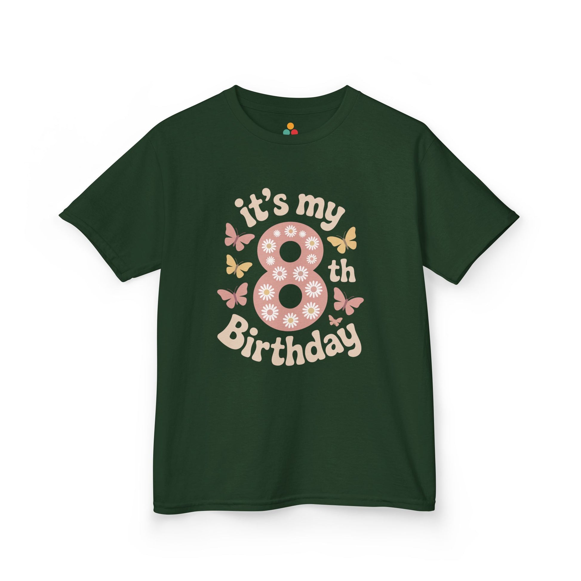 “Forest green ‘it’s my 8th Birthday’ shirt with pink flowered 8 and butterflies, kids unisex tee, flat display.”


