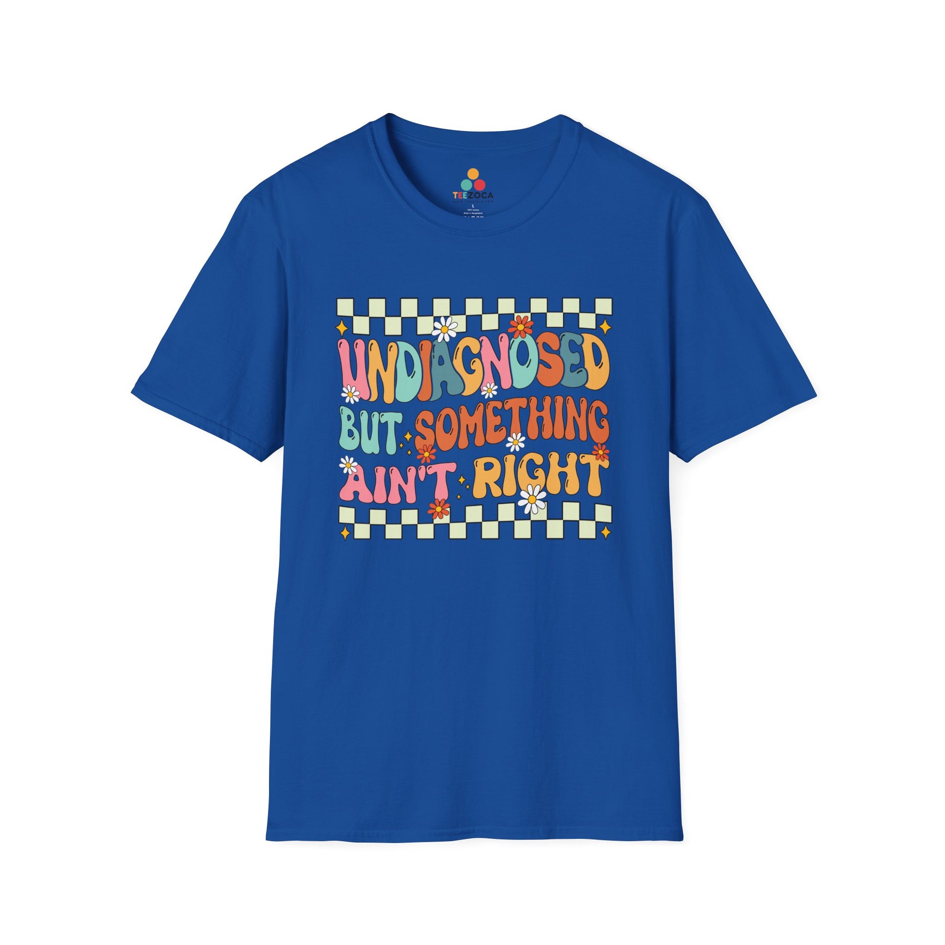 Blue t-shirt with colorful text and checkered border on a white background