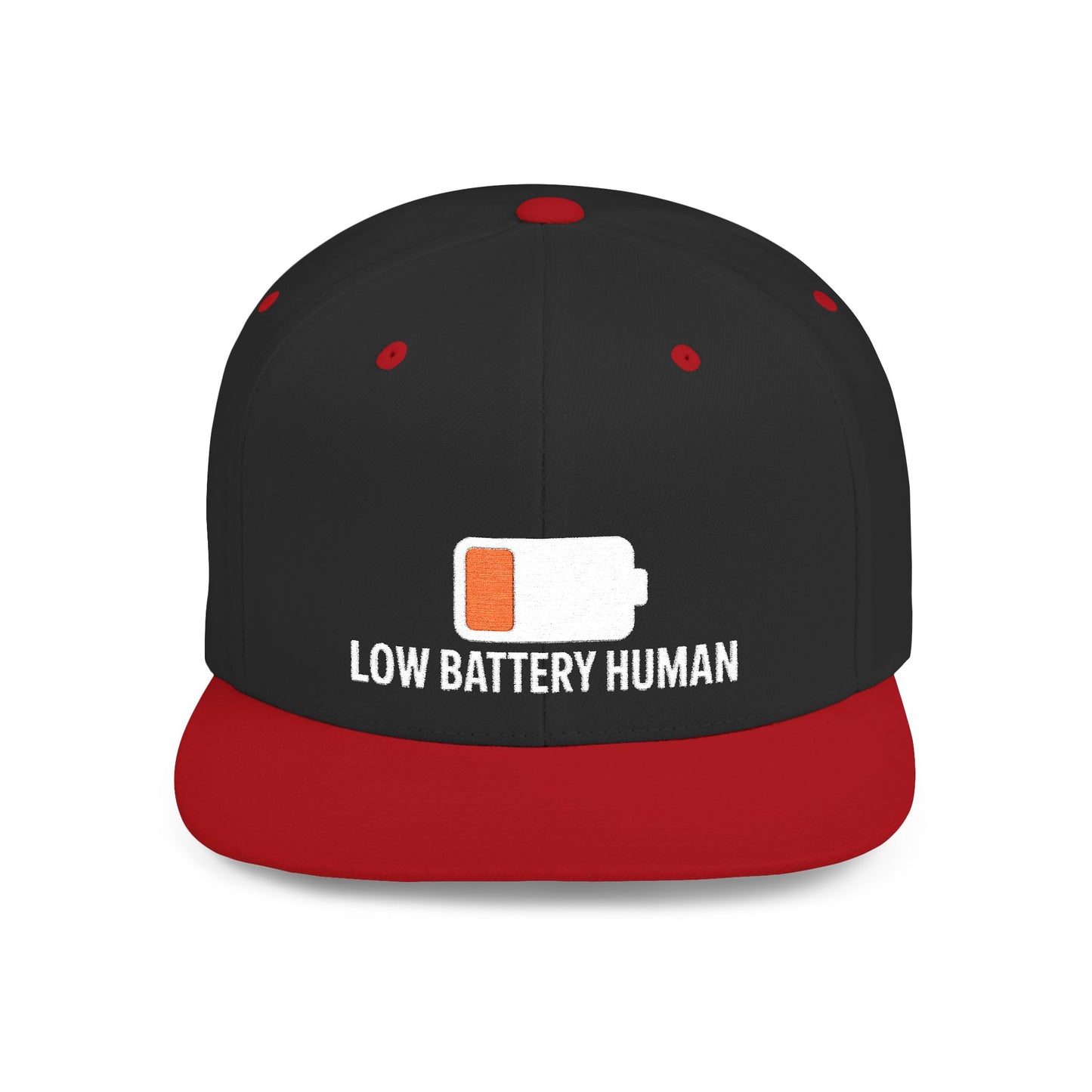 Black and red cap with 'Low Battery Human' text and battery icon on a white background