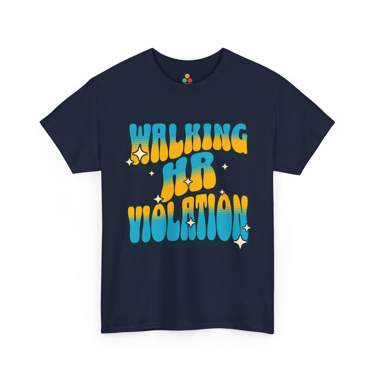 “Navy  ‘Walking HR Violation’ graphic tees with colorful vintage lettering, flat front.”

