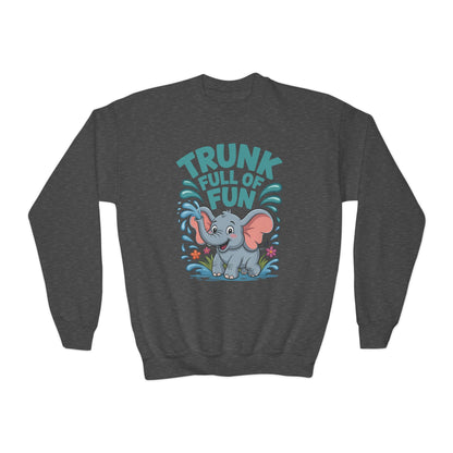 Youth Crewneck Sweatshirt — "Trunk Full of Fun" Playful Elephant Kids Pullover TEEZOCA