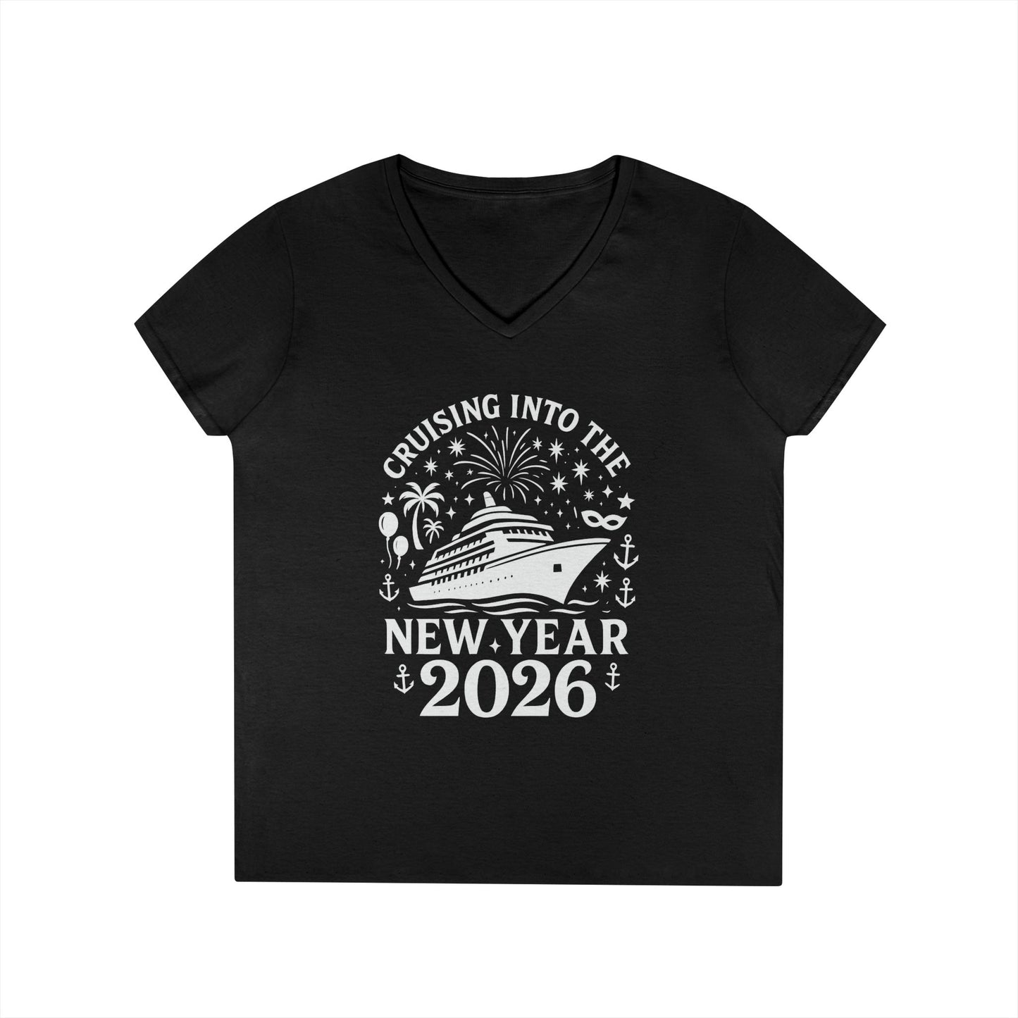 Black t-shirt with 'Cruising into the New Year 2026' design on a white background