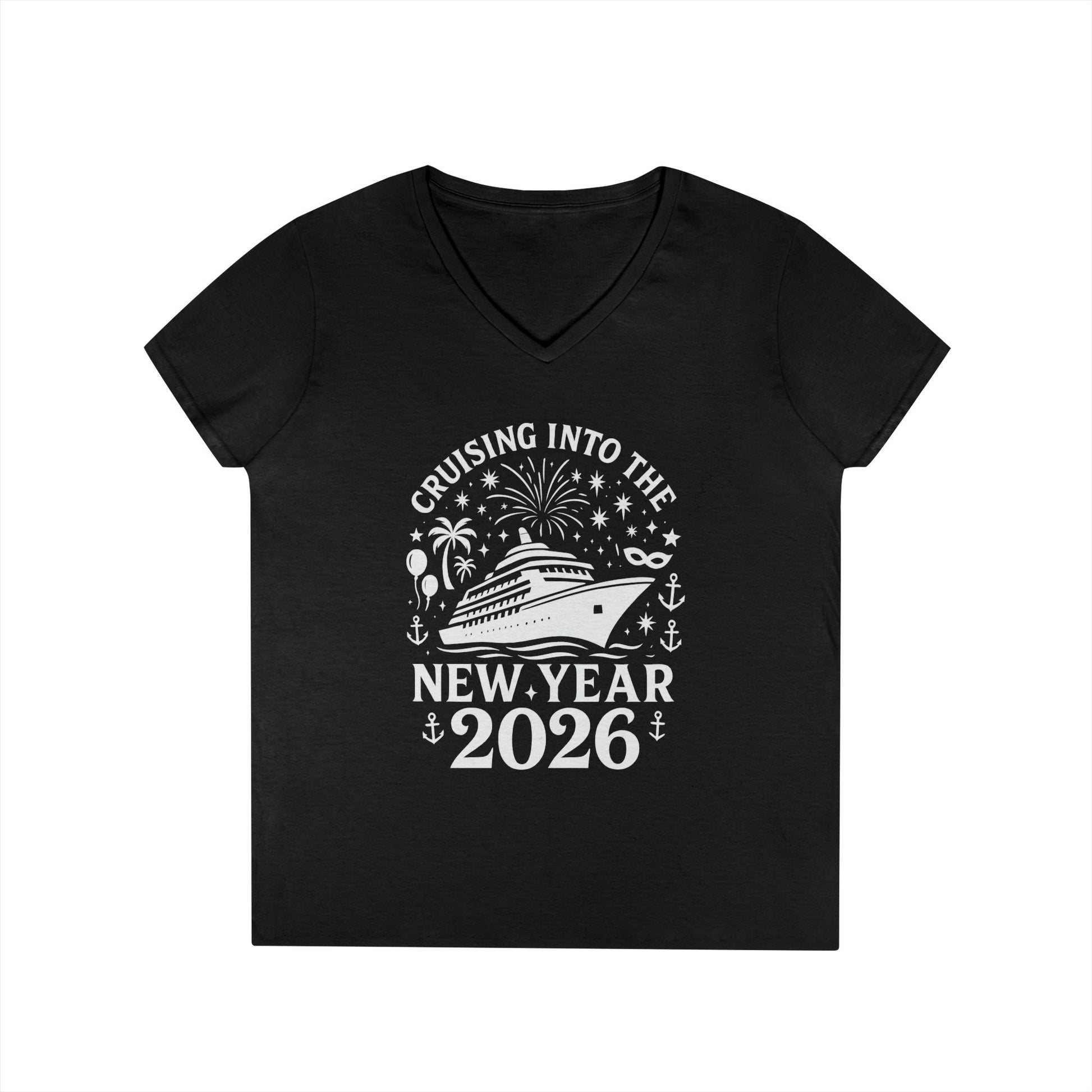 Black t-shirt with 'Cruising into the New Year 2026' design on a white background