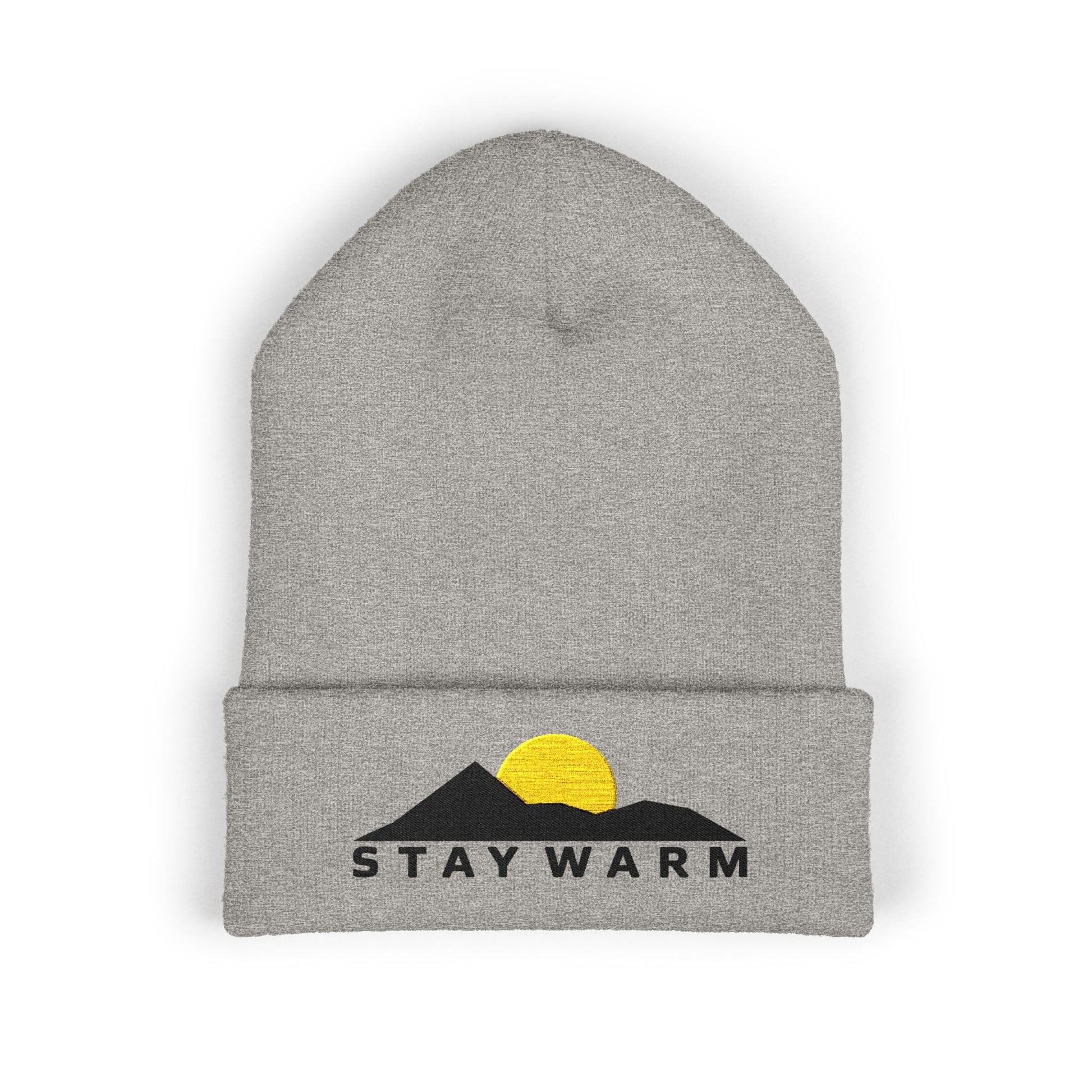 Gray beanie with 'Stay Warm' and mountain design on a white background