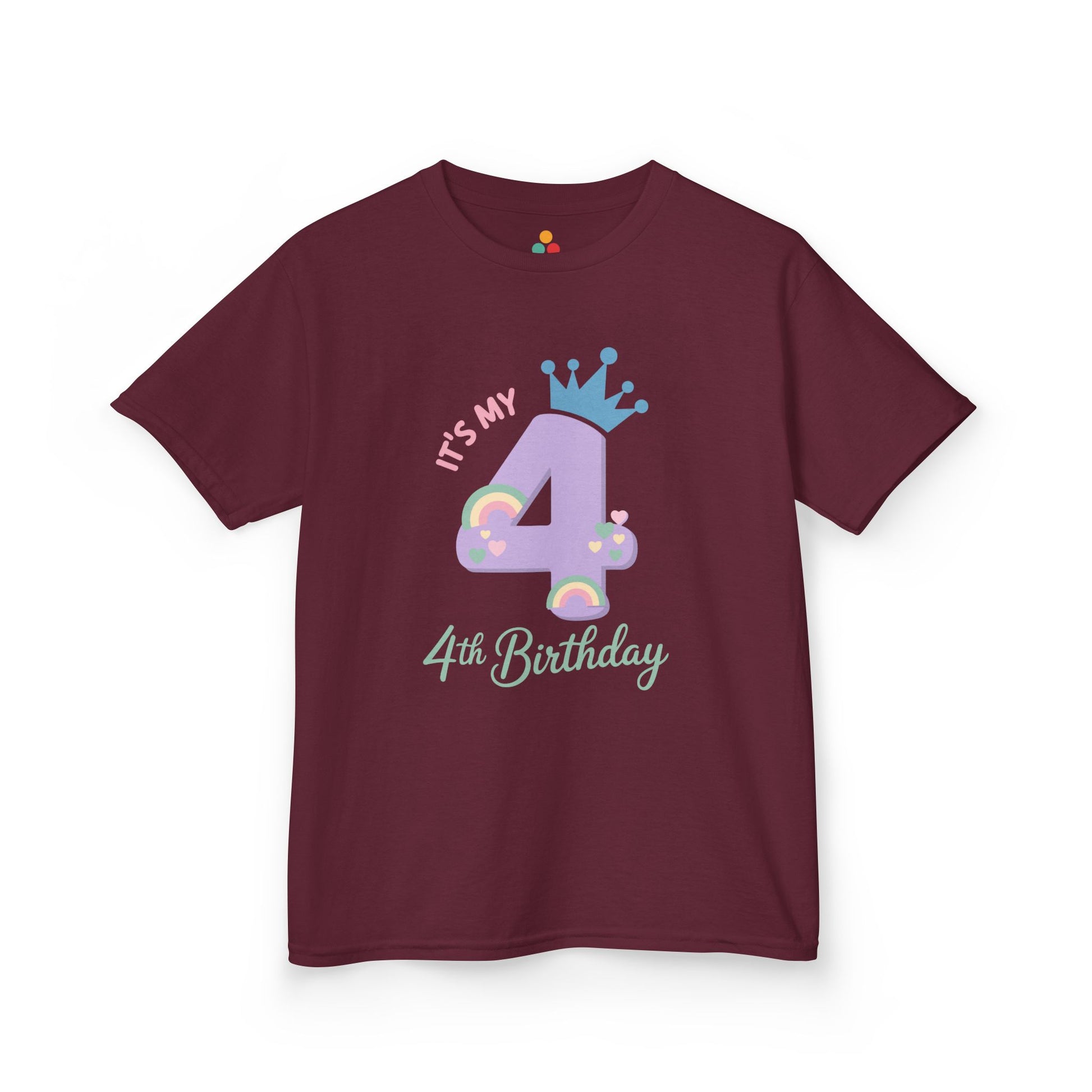Maroon kids’ t‑shirt with lavender 4, teal crown, pastel rainbows and hearts, and “It’s My 4th Birthday” text, flat front view.

