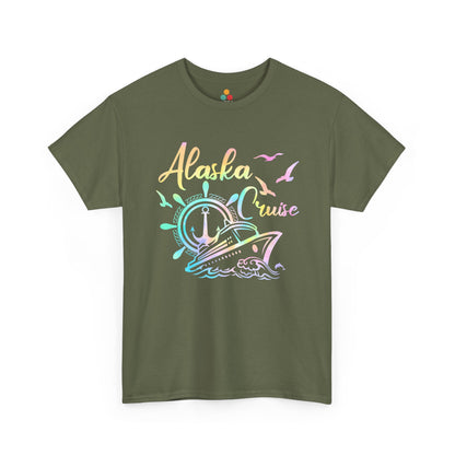 “Teezoca olive green Alaska Cruise shirt, rainbow cruise ship waves and birds, travel souvenir tee, front.”

