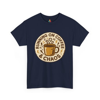 TEEZOCA navy “Running On Coffee & Chaos” sarcastic coffee lover t‑shirt shown flat.