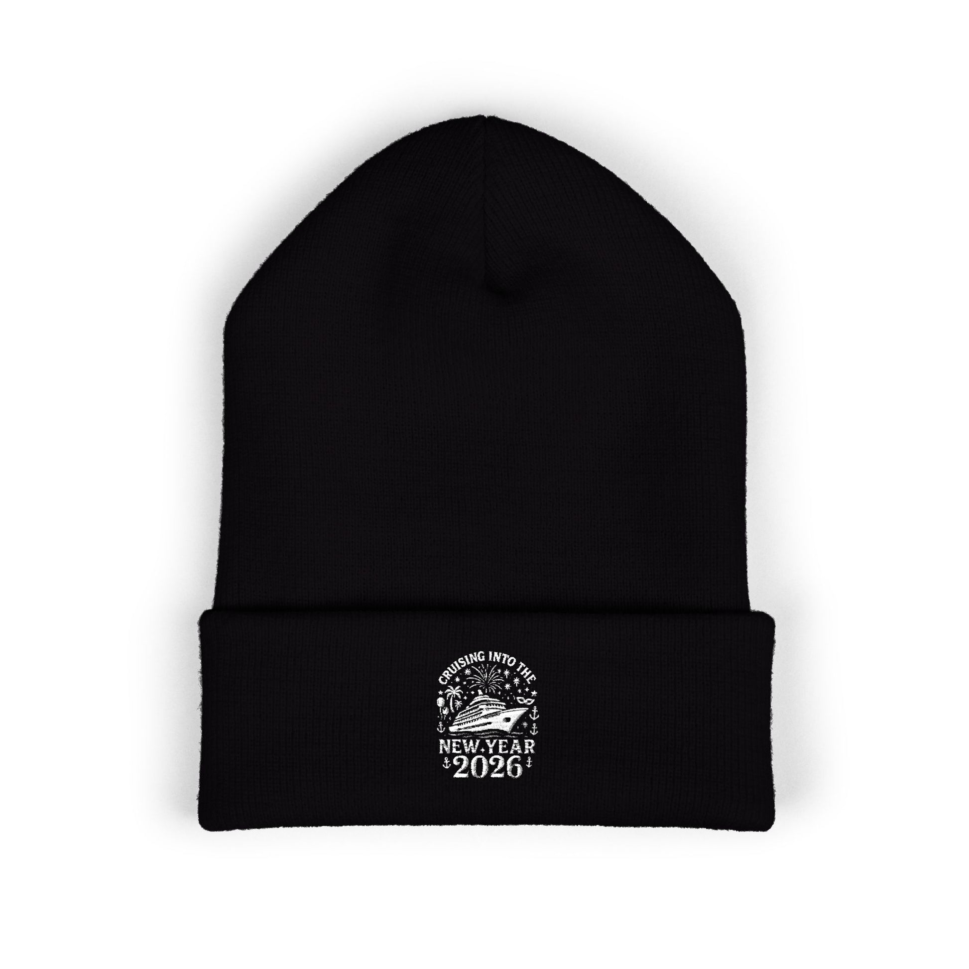Black beanie with a white embroidered design of cruising into the new year 2026 on a white background