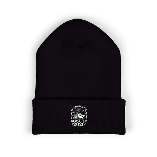 Black beanie with a white embroidered design of cruising into the new year 2026 on a white background