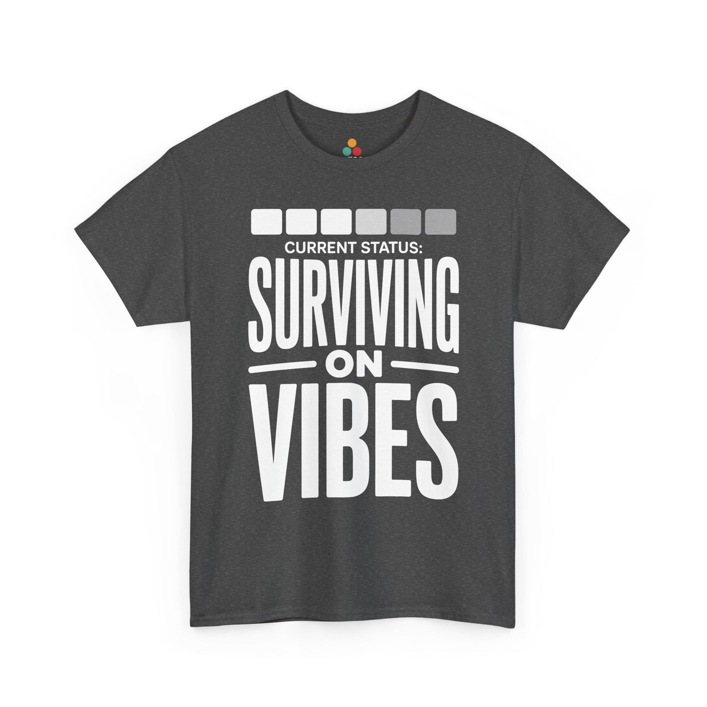 Gray t-shirt with white text 'CURRENT STATUS: Surviving on VIBES' on a white background | TEEZOCA