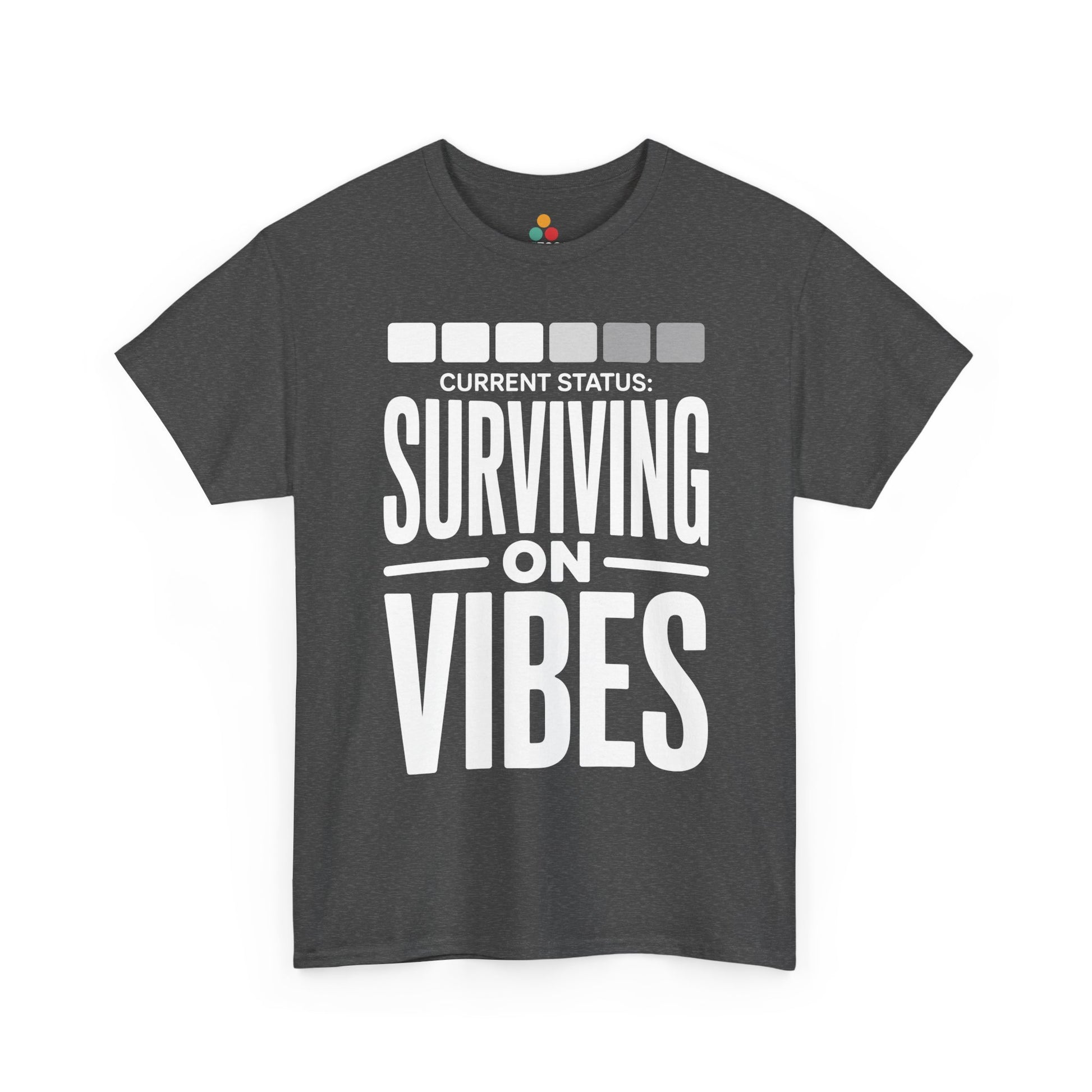 Gray t-shirt with white text 'CURRENT STATUS: Surviving on VIBES' on a white background | TEEZOCA