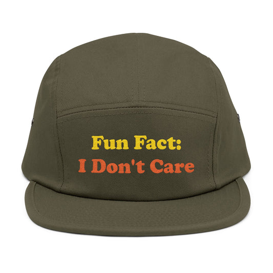 Fun Fact I Don't Care 5 Panel Cap - Sarcastic Funny Hat - Embroidered Statement Cap - Attitude Streetwear Accessory TEEZOCA