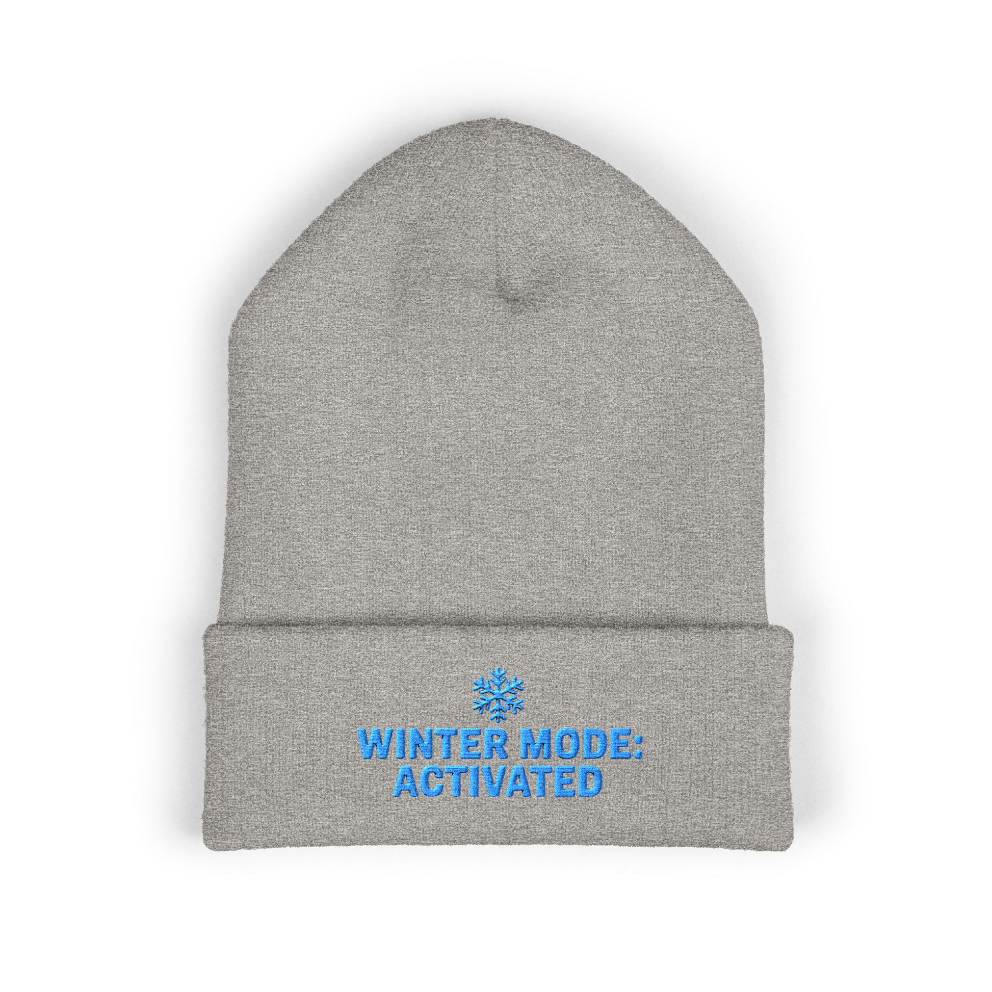 Gray beanie with 'Winter Mode: Activated' text on a white background. Cozy embroidered beanie featuring Winter Mode Activated design