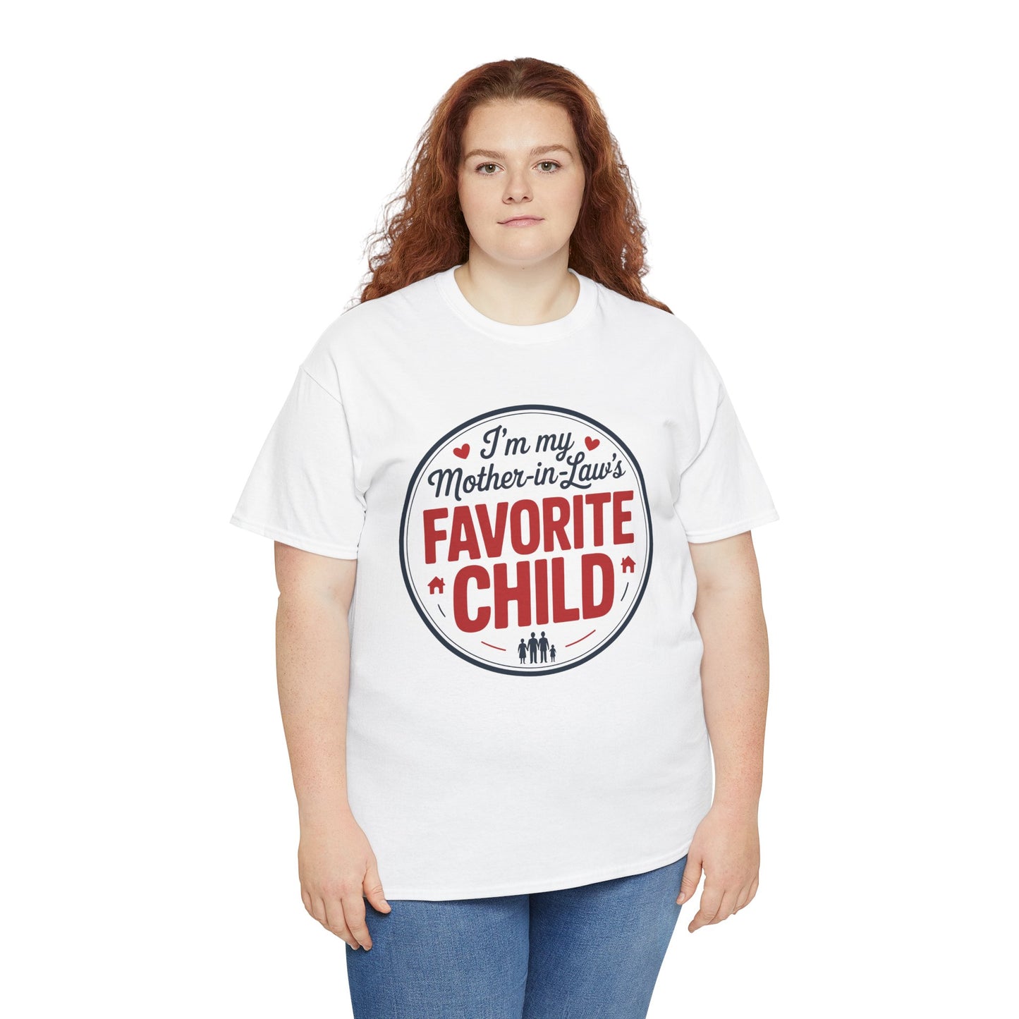 Woman modeling a TEEZOCA “I’m my Mother‑in‑Law’s Favorite Child” family humor shirt.