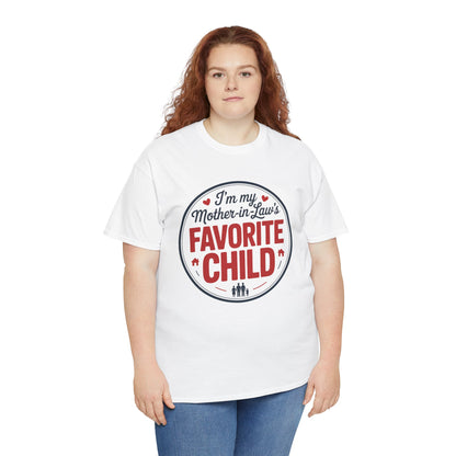 Woman modeling a TEEZOCA “I’m my Mother‑in‑Law’s Favorite Child” family humor shirt.