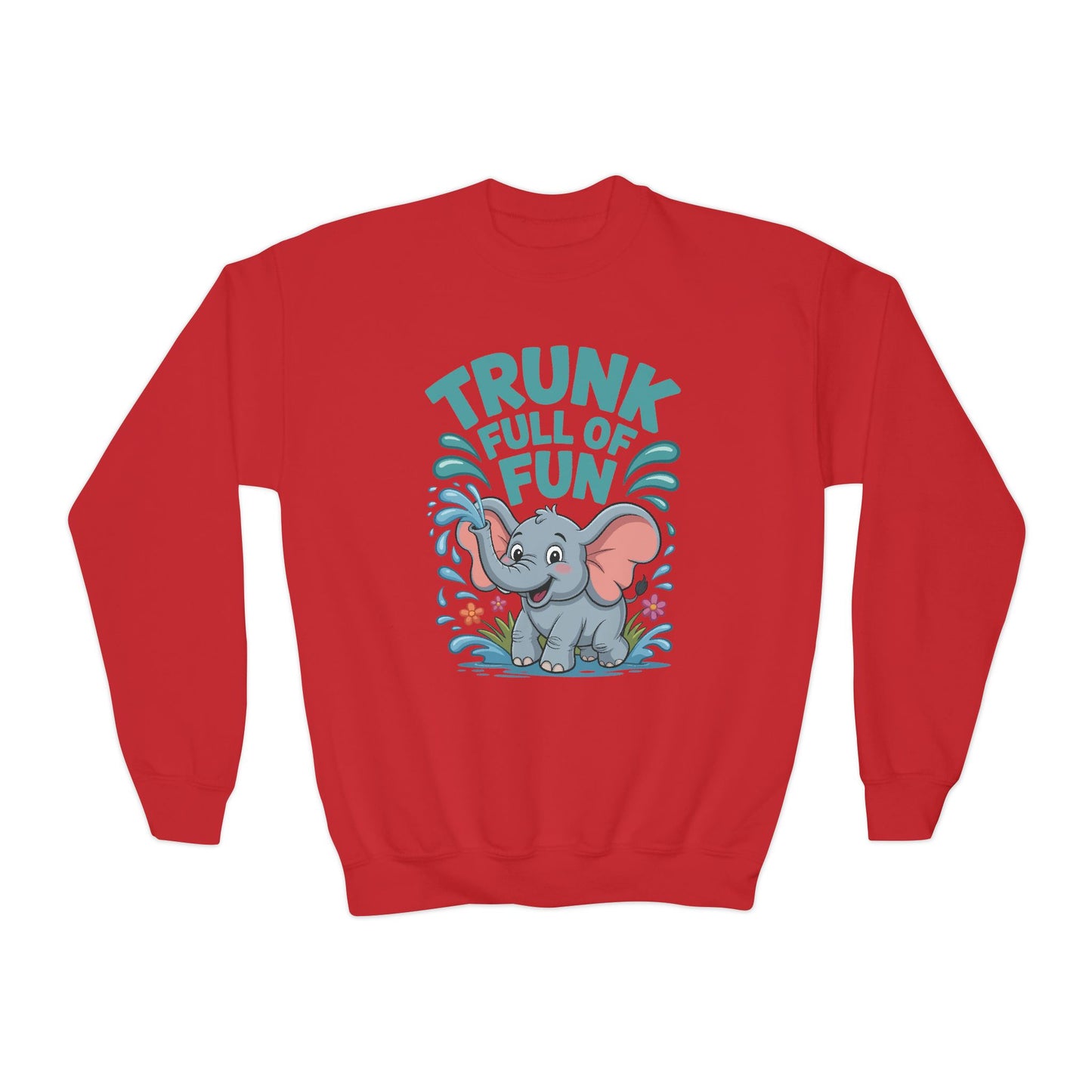 Youth Crewneck Sweatshirt — "Trunk Full of Fun" Playful Elephant Kids Pullover TEEZOCA