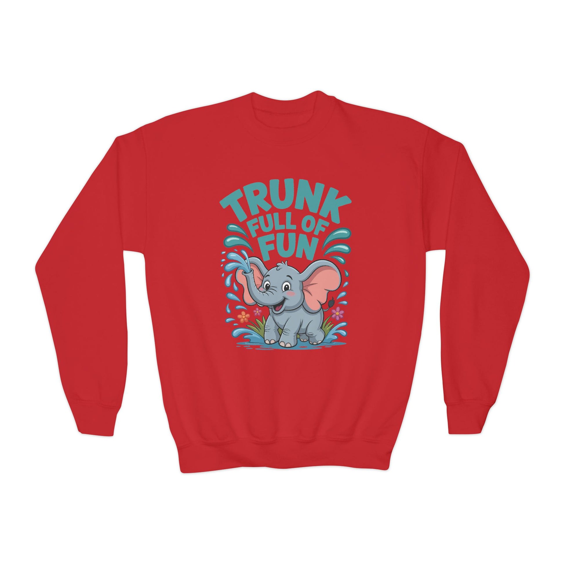 Youth Crewneck Sweatshirt — "Trunk Full of Fun" Playful Elephant Kids Pullover TEEZOCA