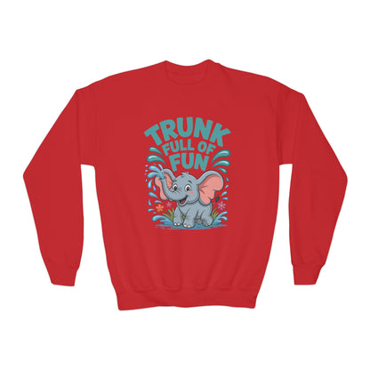 Youth Crewneck Sweatshirt — "Trunk Full of Fun" Playful Elephant Kids Pullover TEEZOCA