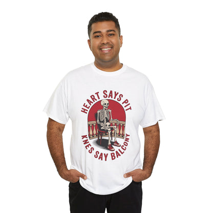 Male model wearing white “Heart Says Pit Knees Say Balcony” skeleton chair concert quote tee, front view.