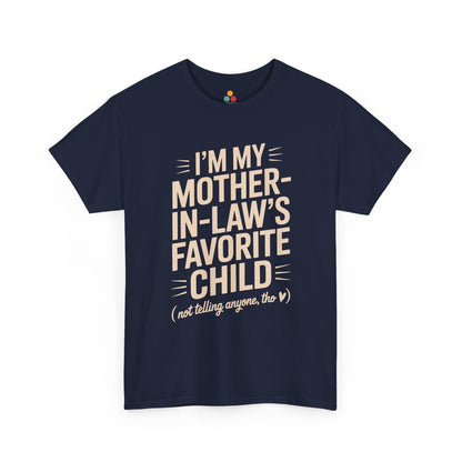 TEEZOCA navy “I’m My Mother‑In‑Law’s Favorite Child” funny graphic t‑shirt laid flat.