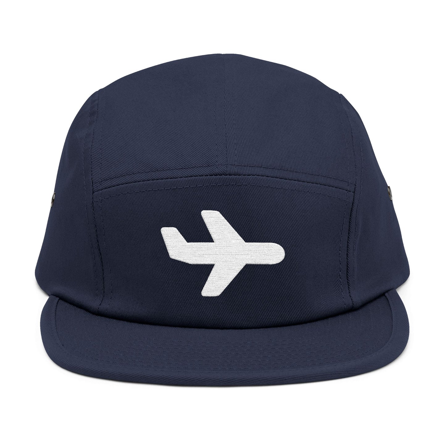 Navy blue cap with a white airplane icon on a white background. Minimal white airplane icon embroidered on black 5-panel cap. TEEZOCA