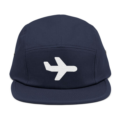 Navy blue cap with a white airplane icon on a white background. Minimal white airplane icon embroidered on black 5-panel cap. TEEZOCA