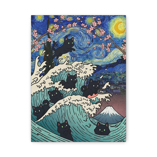 Starry Night Black Cat Wave Canvas Art – Aesthetic Fine Art Decor | TEEZOCA 